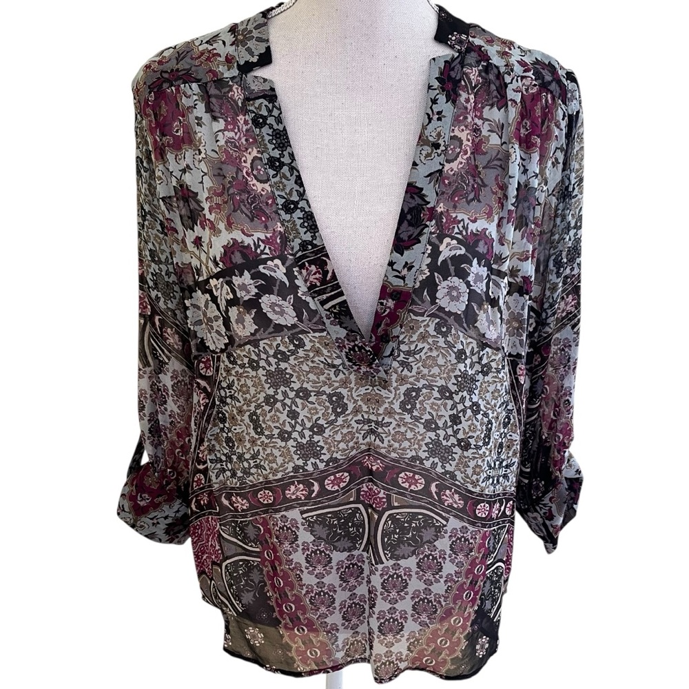 Lavender Brown Sheer Silk Black/Purple/Beige Mixed Floral Print Blouse M